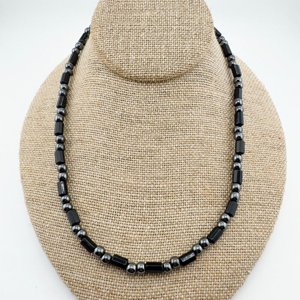 Vintage Hematite & Black Tube Bead Necklace Magnetic Healing Stone Unisex